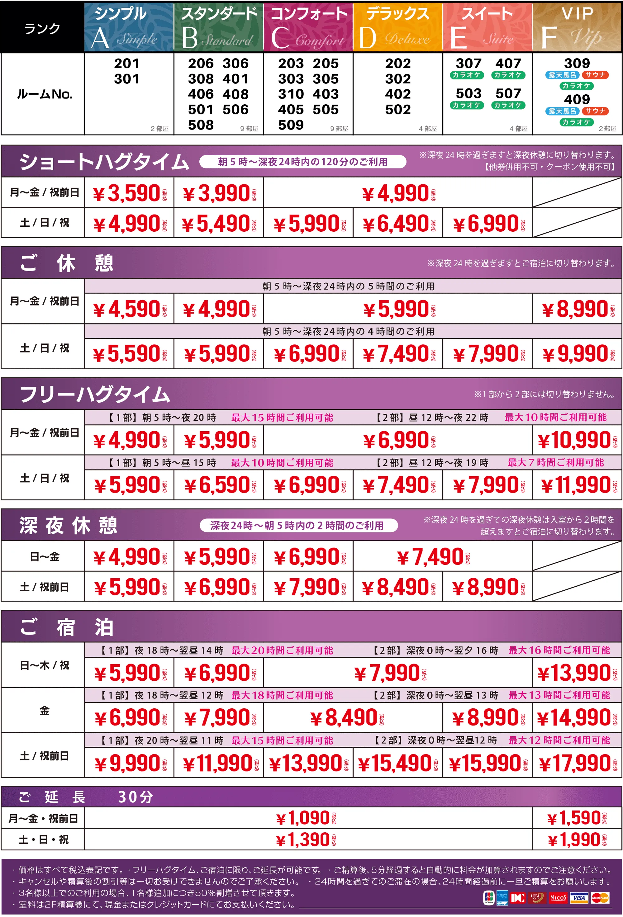 ホテルハグハグ楠IC料金表